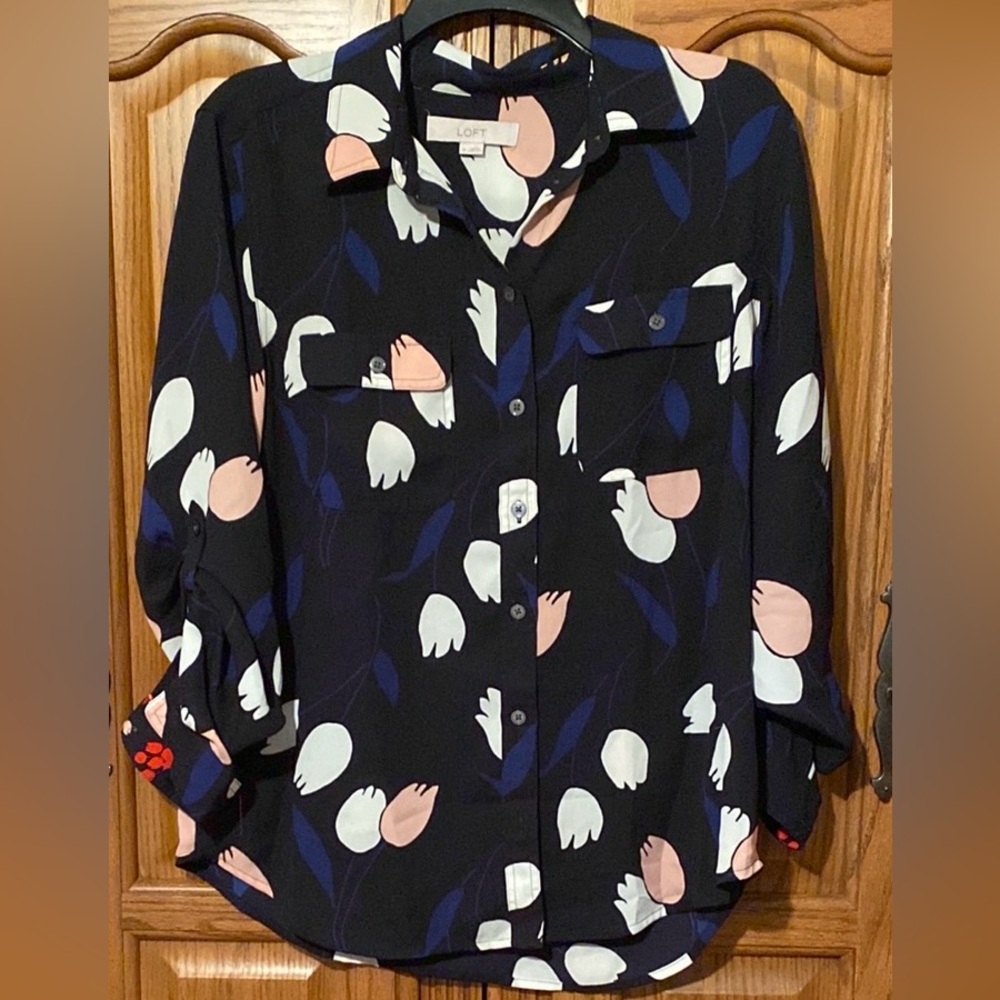 LOFT Black Floral Button-Up Shirt